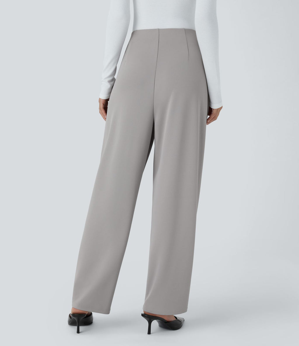 Pantalon décontracté barrel droit en crêpe, taille haute, avec poches