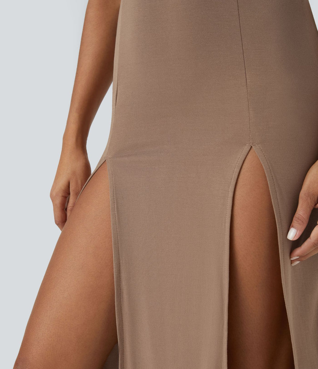Robe Casual Midi 2 Pièces Capuche Col Montant Sans Manches Fendue avec Découpe Dos Nœud Côtelée