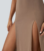 Robe Casual Midi 2 Pièces Capuche Col Montant Sans Manches Fendue avec Découpe Dos Nœud Côtelée