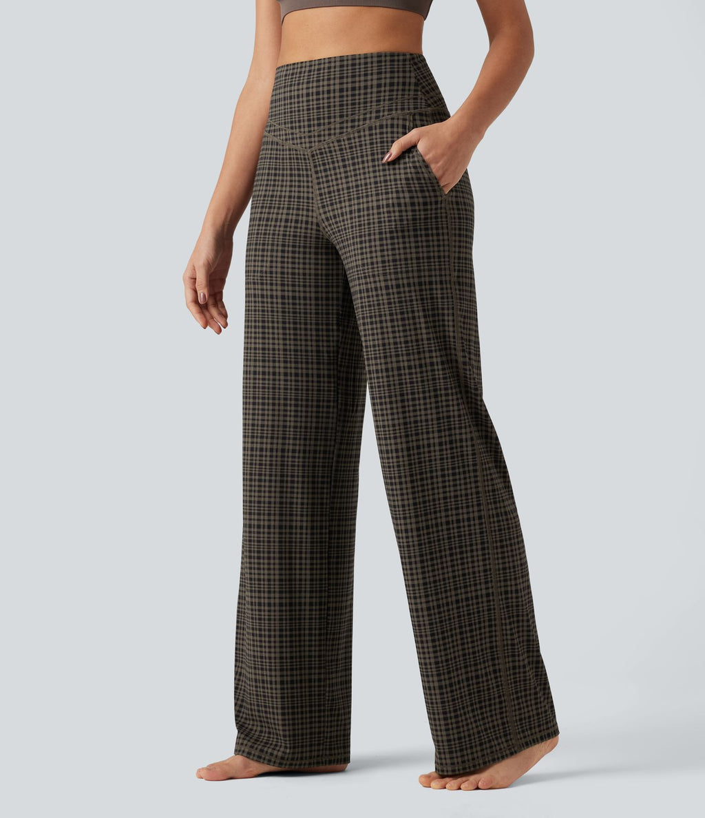 Pantalon de yoga droit Halara UltraSculpt™ taille haute gainant à motif tartan avec poches