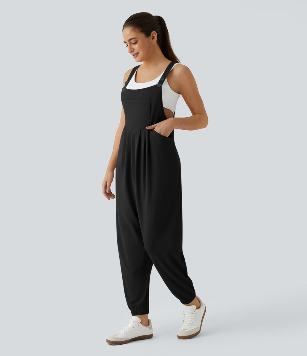 Salopette Casual Bretelles Ajustables Boutonnés Multiples Poches Plis et Tissu Gaufré