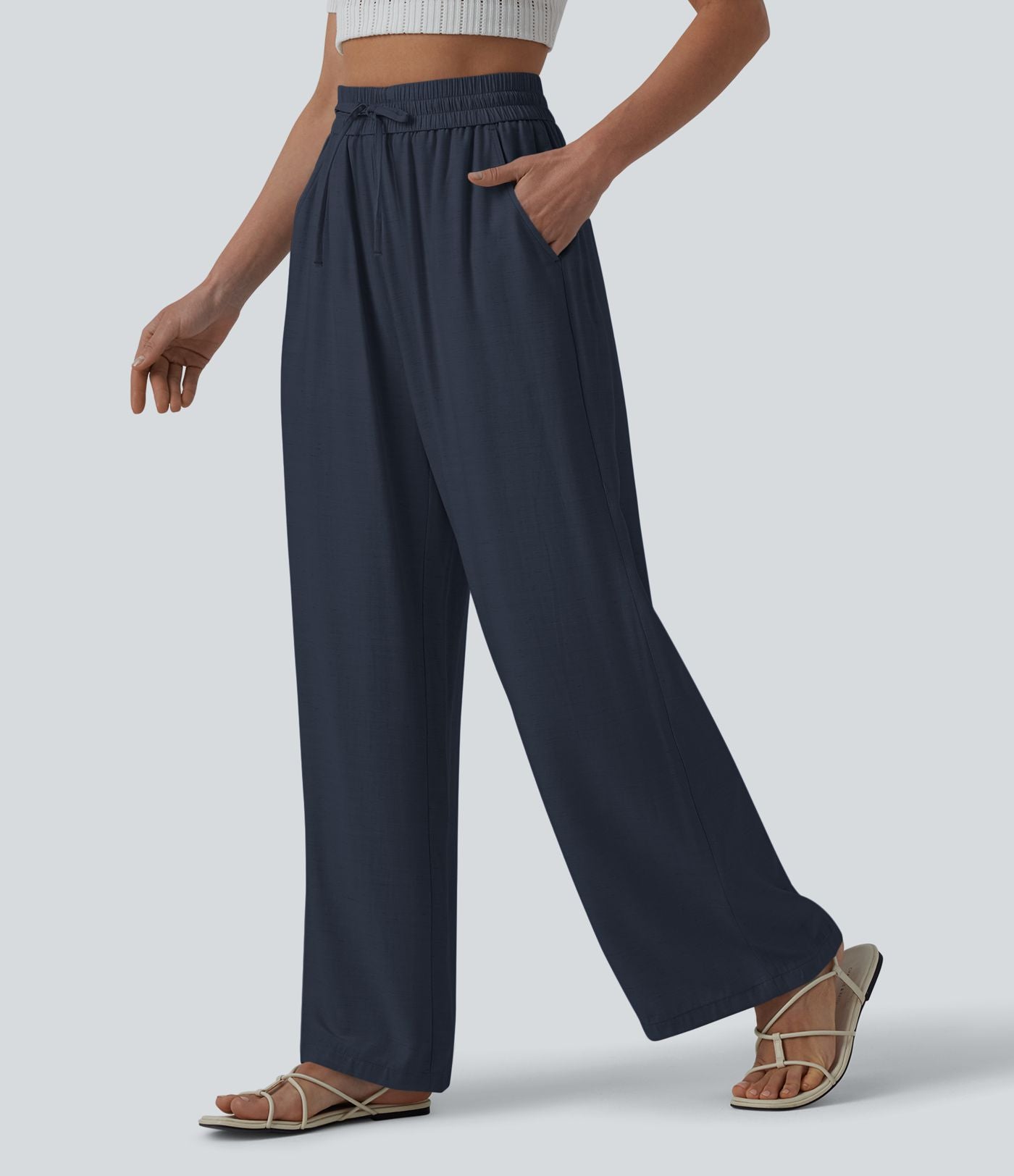 Pantalon casual large fluide mélange lin taille haute avec cordon de serrage et poches