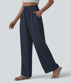 Pantalon casual large mélange lin taille haute avec cordon de serrage et poches