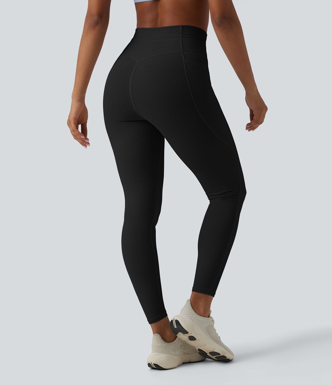 Legging de sport maille côtelée gainant à séchage rapide taille haute avec cordon de serrage et poches - UPF50+