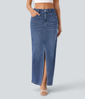 Halara Flex™ Jupe en Jean longue décontractée extensible délavé taille moyenne avec fente et multiples poches