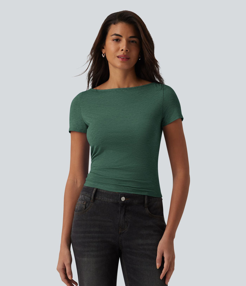 T-shirt décontracté col bateau manches courtes froncé