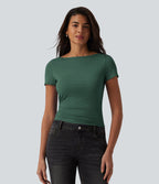 T-shirt décontracté col bateau manches courtes froncé