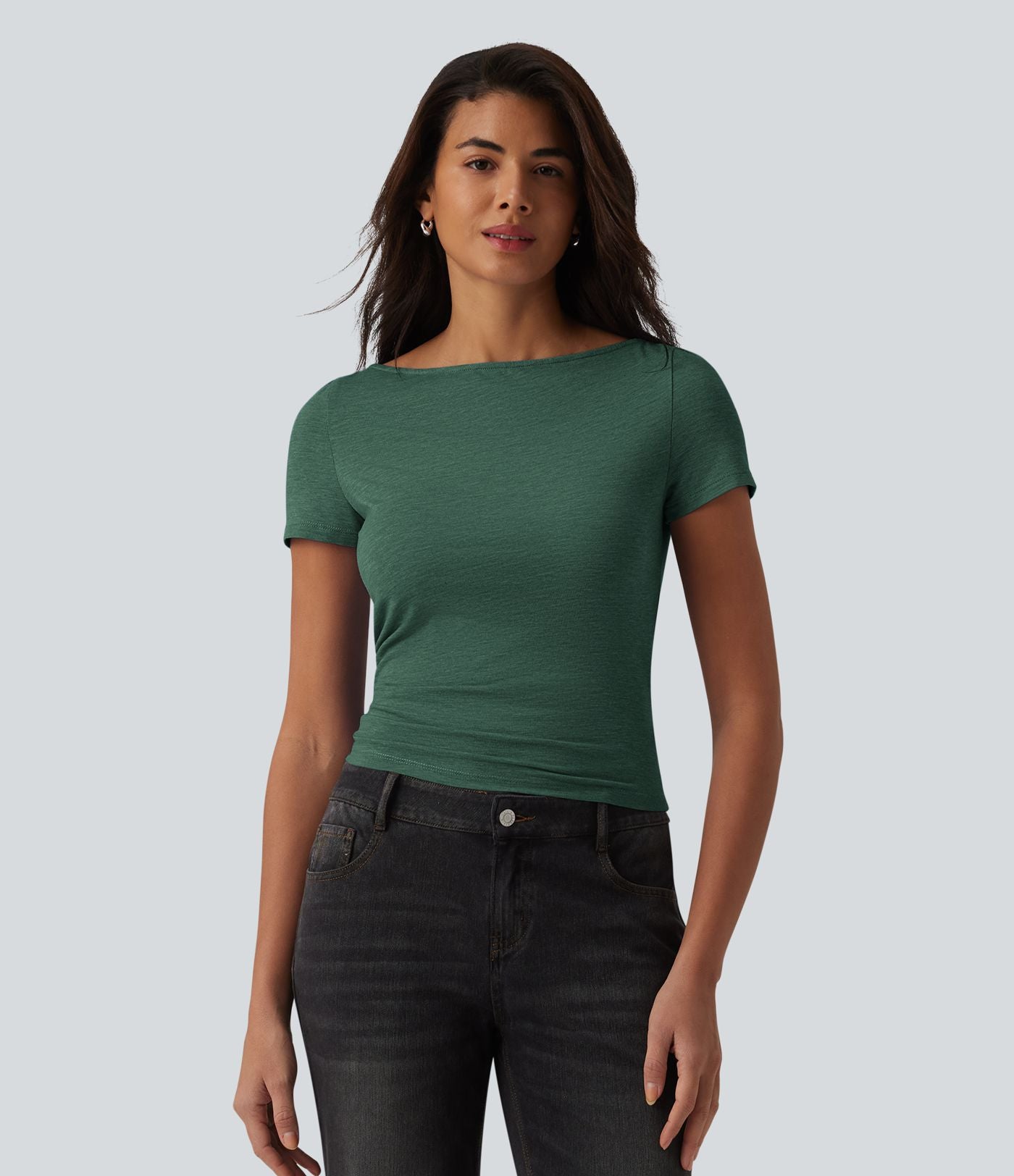 T-shirt décontracté col bateau manches courtes froncé