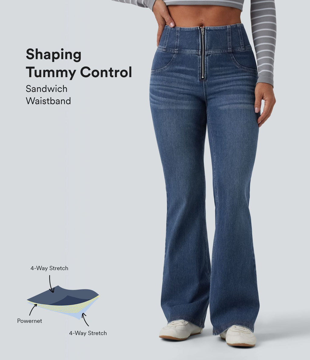 Jean évasé décontracté Halara Flex™ gainant taille mi-haute demi-zip avec poches