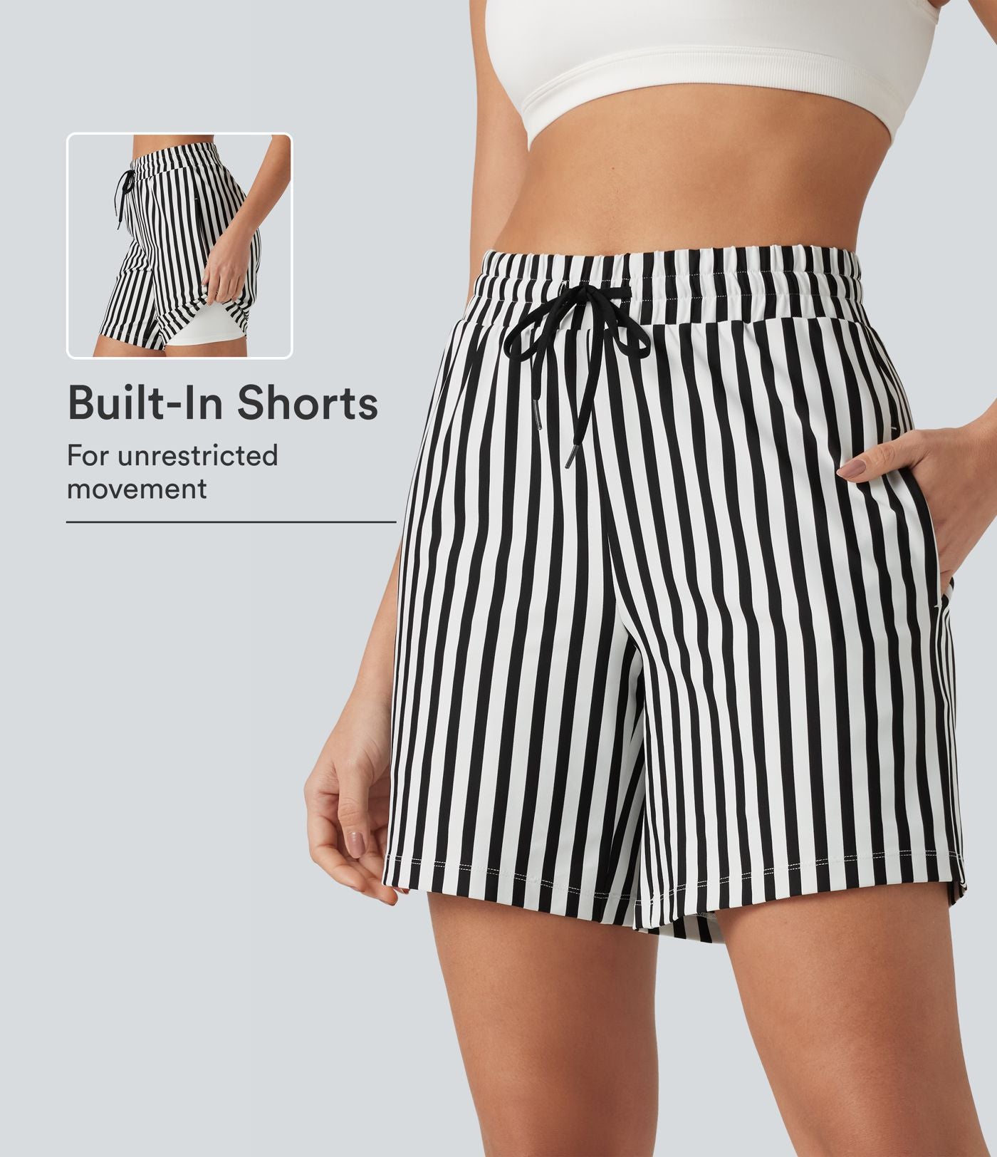 Short de yoga 2 en 1 à rayures taille haute avec cordon de serrage, poches, 17,5 cm