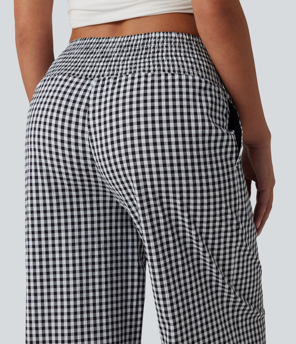 Pantalon large casual taille haute froncé à carreaux vichy avec poches