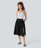 Breezeful™ Jupe de Vacances Midi Fluide à Taille Haute Plissée Fendue et à Séchage Rapide