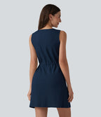 Robe mini gaufrée col cranté sans manches cordon de serrage avec poches