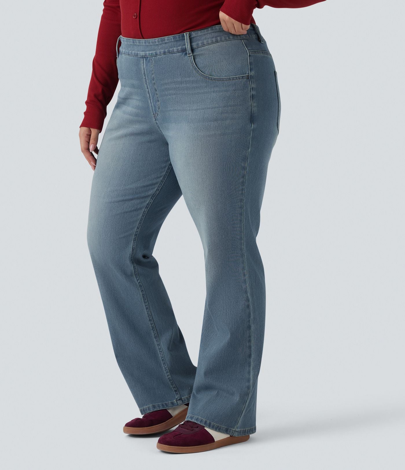 Jean décontracté grande taille évasé taille haute Halara Flex™ effet délavé avec multiples poches