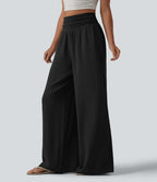Pantalon ample taille haute ventre plat aspect lin avec fronces et poches