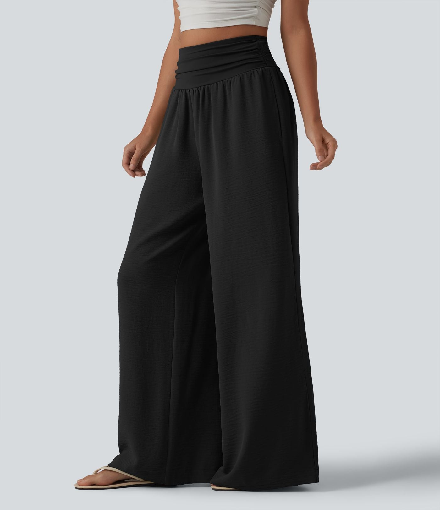 Pantalon ample taille haute ventre plat aspect lin avec fronces et poches