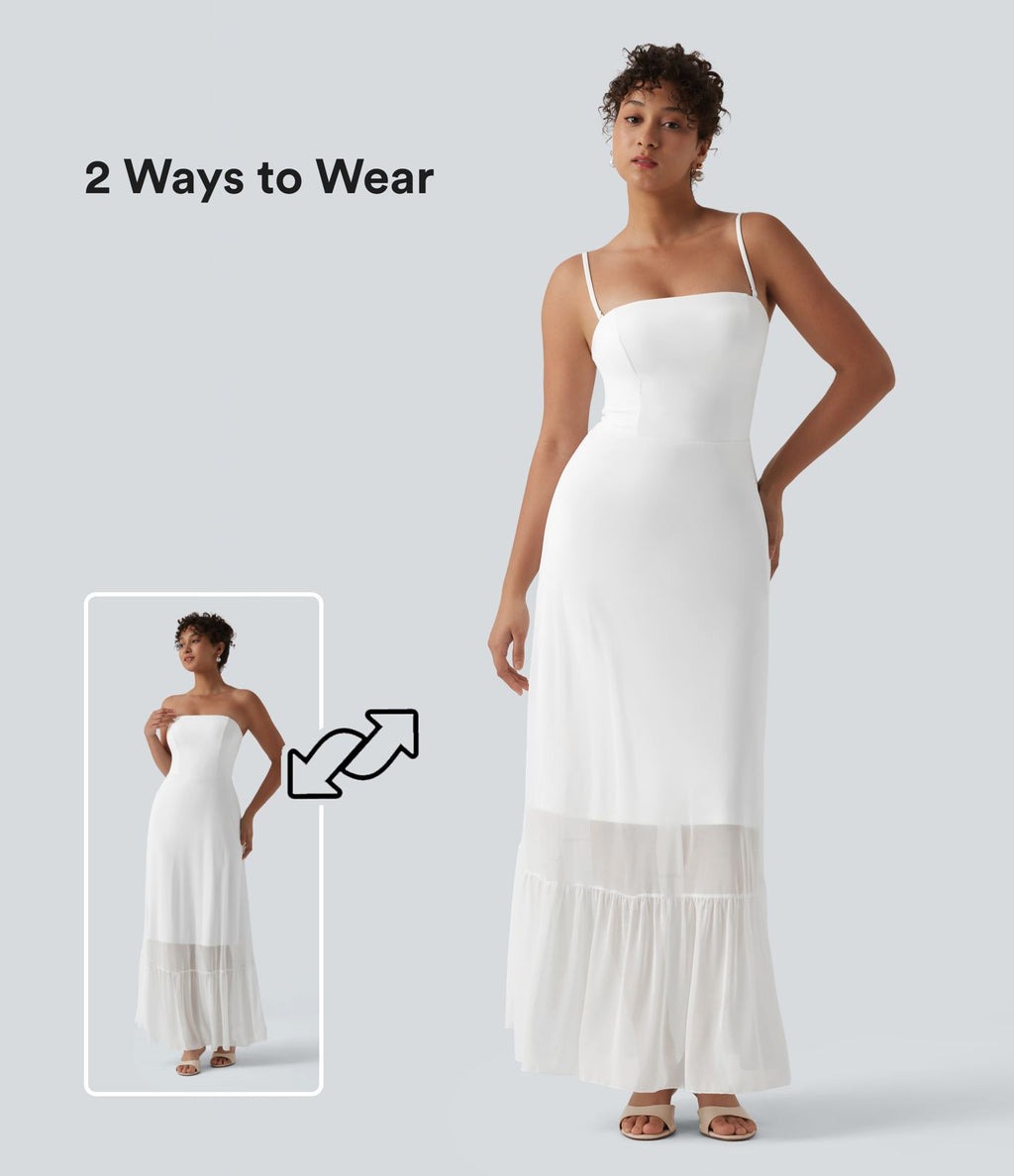 Robe longue fluide mesh contrastant avec volants à l'ourlet et coussinets fixes