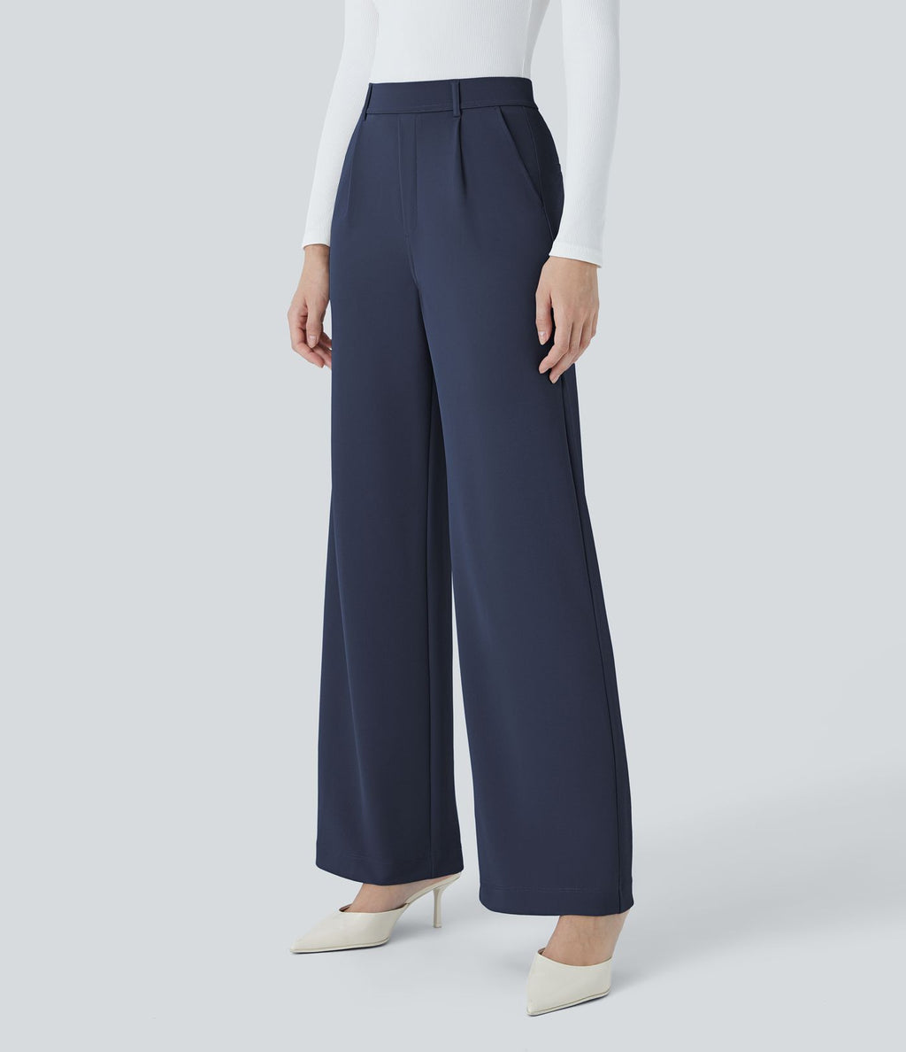 Halara Flex™ Pantalon Tailleur Droit à Taille Haute avec Pli Poches Latérales en Crêpe