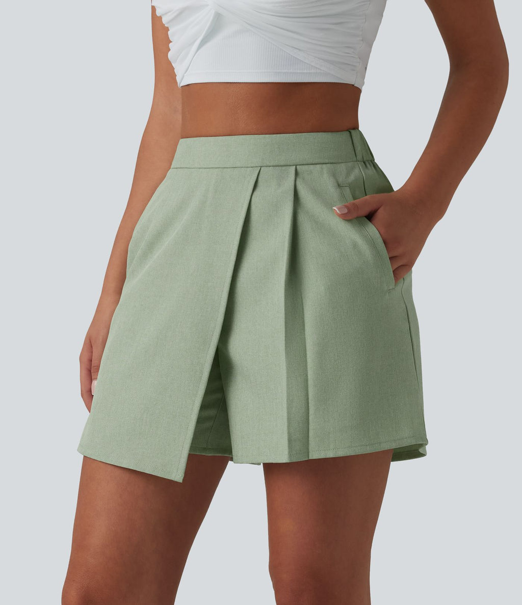 Jupe-short plissée taille haute casual infroissable aspect lin avec poches