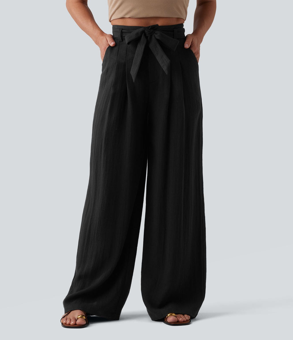 Pantalon casual ample taille haute aspect lin avec ceinture et poches