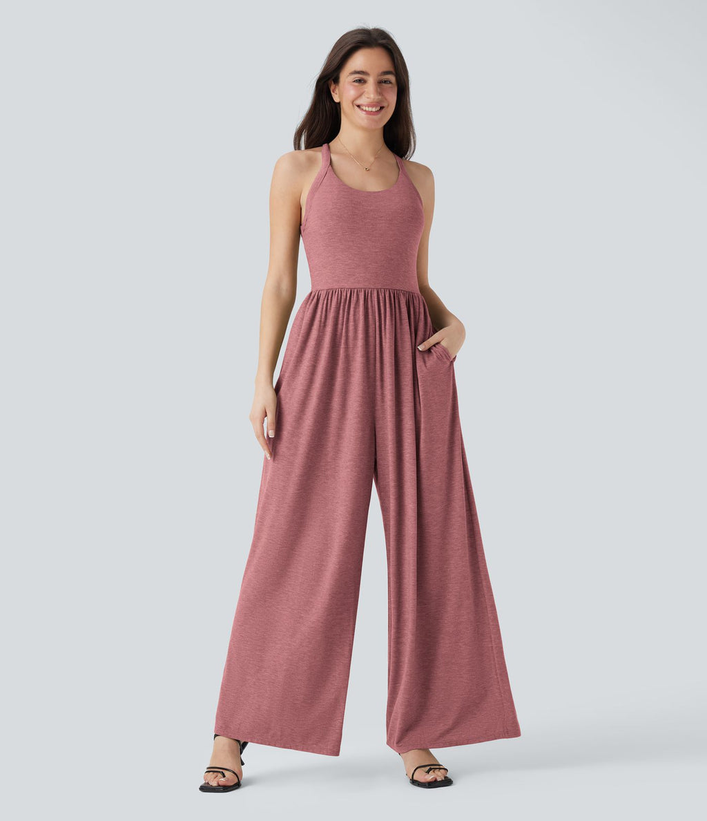 Combinaison décontractée dos nu torsadée large fluide avec brassière intégrée et poches - Easy Peasy Edition