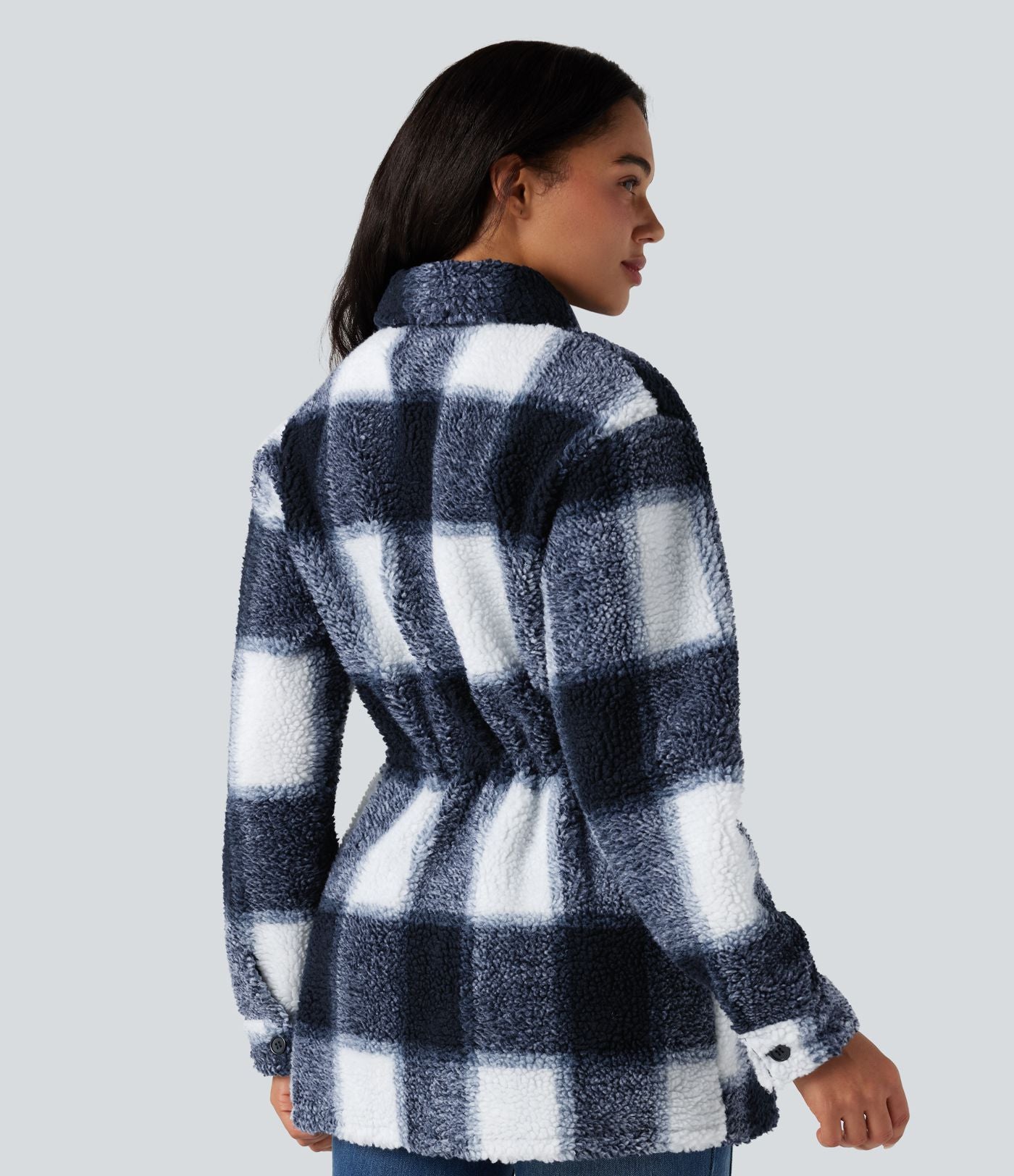 Veste sherpa carreaux manches longues avec cordon de serrage intérieur et poches