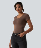 Halara T-shirt en jersey de coton col rond échancré manches courtes avec soutien-gorge intégré bonnets B-DD
