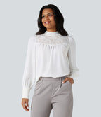 Chemise tailleur col montant dentelle contrastante manches longues