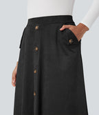 Jupe mi-longue évasée effet daim taille haute avec poches