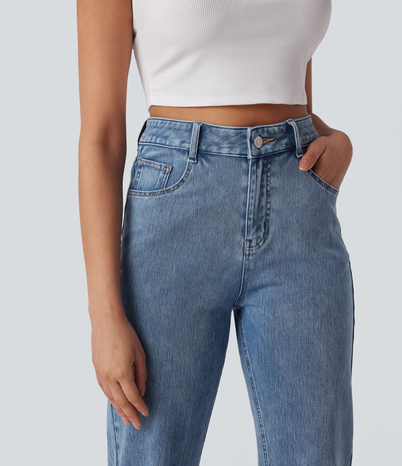 Halara Flex™ Jean droit extensible à taille haute avec bouton, fermeture éclair et poches multiples