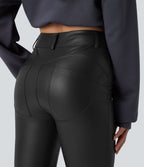 Pantalon évasé décontracté taille haute en tissu enduit doublé polaire extensible avec poches