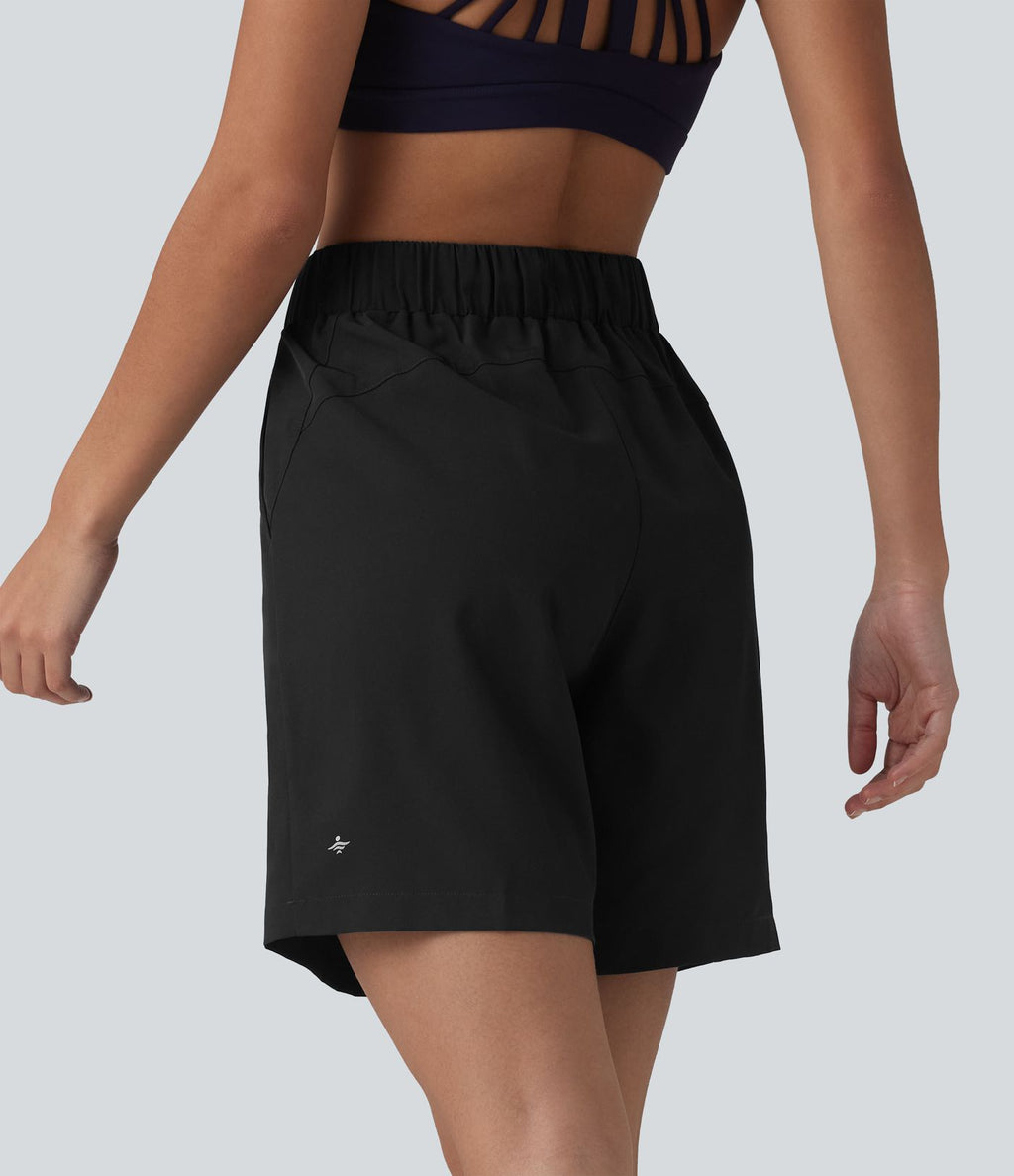 Short de yoga plissé taille haute avec ceinture élastique, cordon de serrage et poches 17,5 cm
