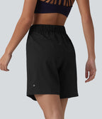 Short de yoga plissé taille haute avec ceinture élastique, cordon de serrage et poches 17,5 cm