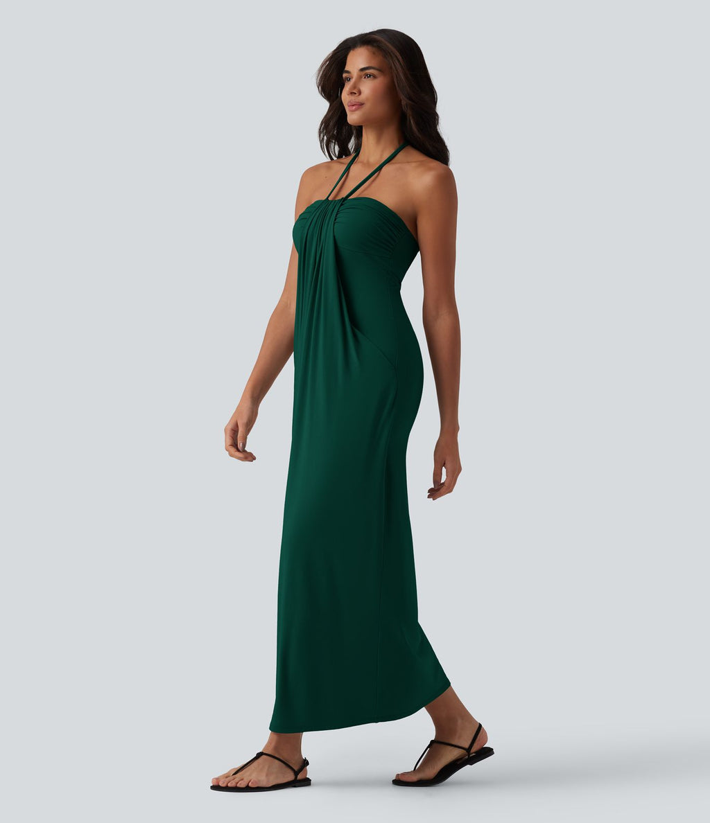 Robe longue dos nu col licou avec nœud et poches