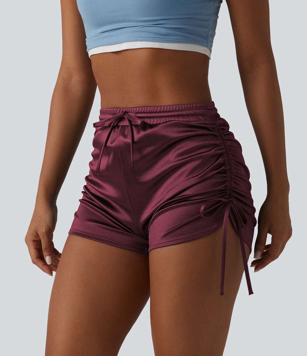 Short décontracté satiné taille haute avec cordon de serrage froncé et poche