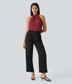 Blouse Travail Sans Manches Ourlet Courbé Col Haut Découpe au Dos Plis
