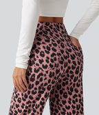 Pantalon large décontracté taille haute croisé imprimé léopard en tissu gaufré avec poches