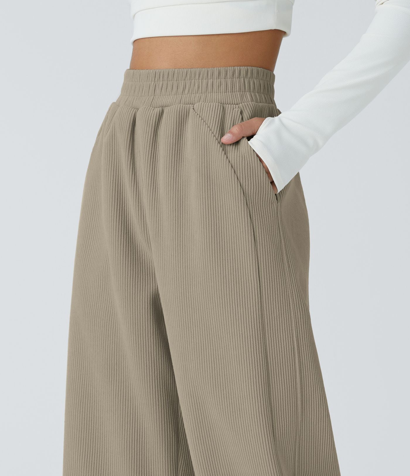 Pantalon velours côtelé de jogging décontracté à taille haute avec poches latérales