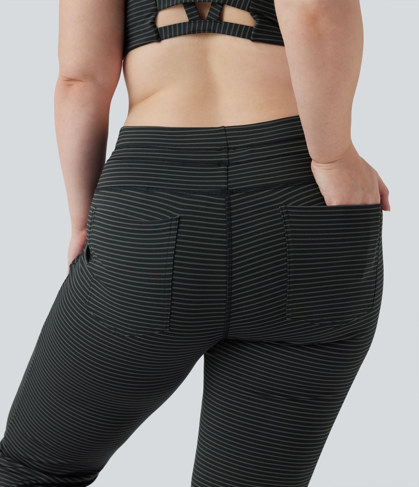 Pantalon de yoga grande taille ample taille haute à cordon, rayé, avec poches
