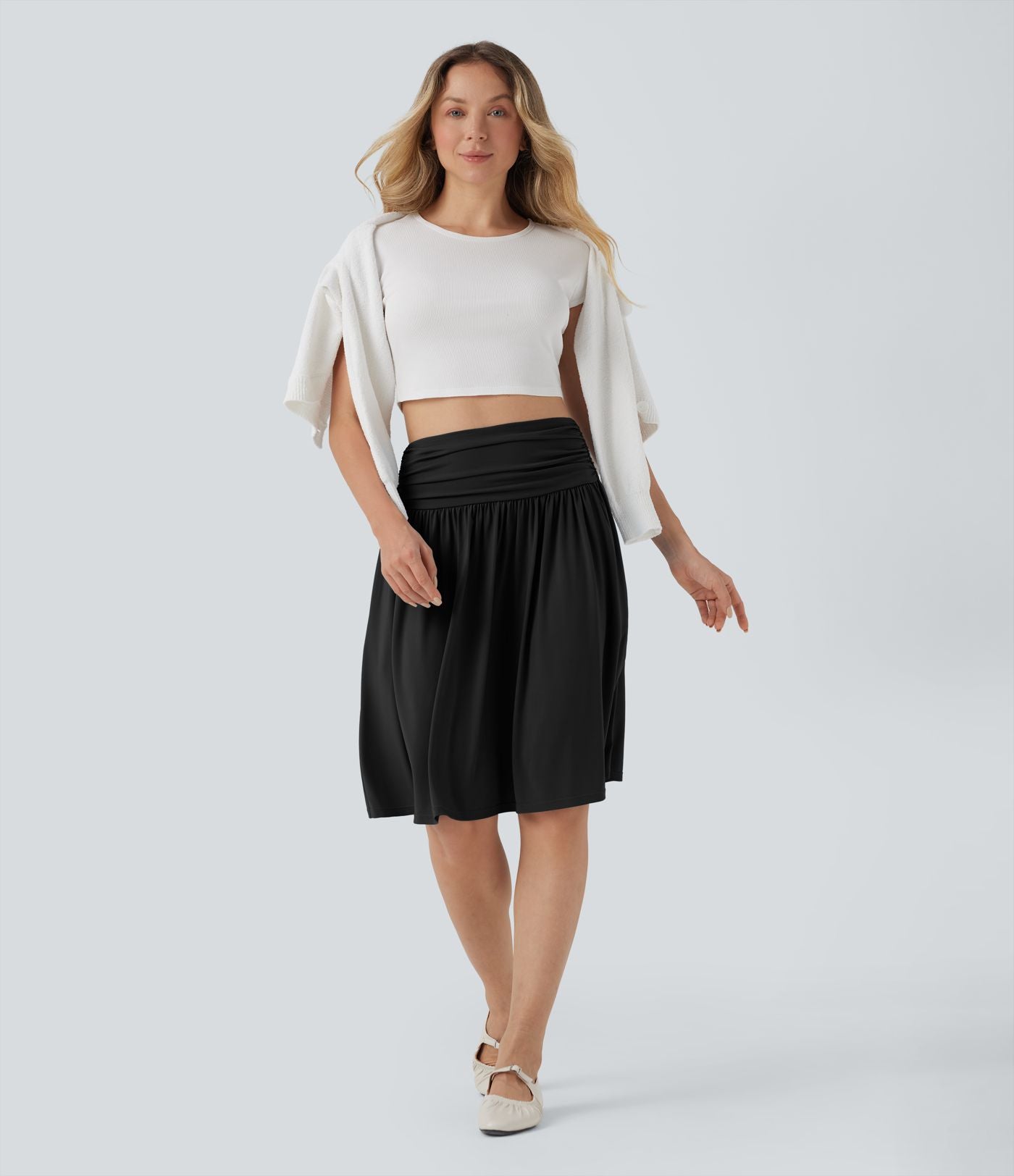 Jupe taille haute froncée fluide coupe A avec poches