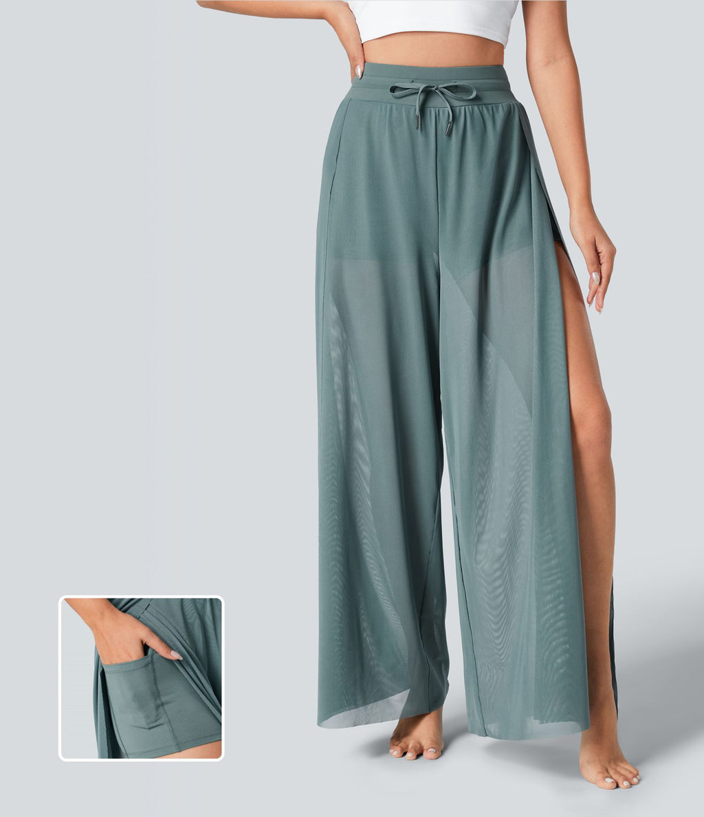 Pantalon Yoga 2 en 1 à Taille Haute avec Cordon de Serrage Maille Contrastée Fendu Poche Latérale et Jambes Amples et Fluides