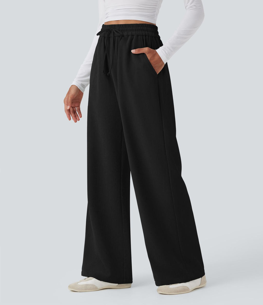 Pantalon décontracté jambe large taille haute avec cordon de serrage et poches