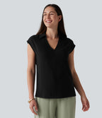 Chemisier tailleur en mélange de lin col V sans manches avec ourlet fendu