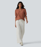 Blouse décontractée à col en V et manches courtes bouffantes