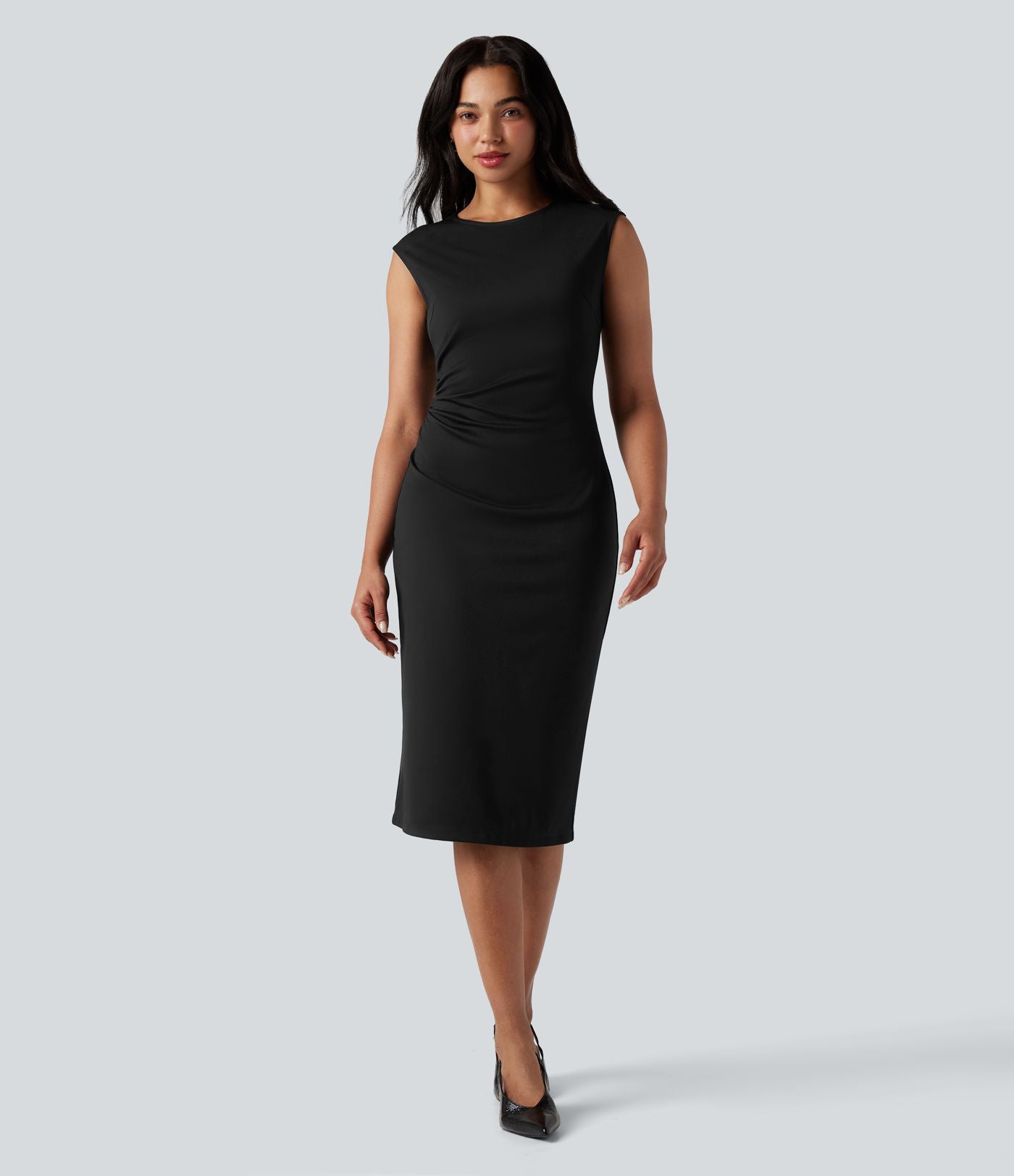 Robe mi-longue moulante tailleur col rond sans manches