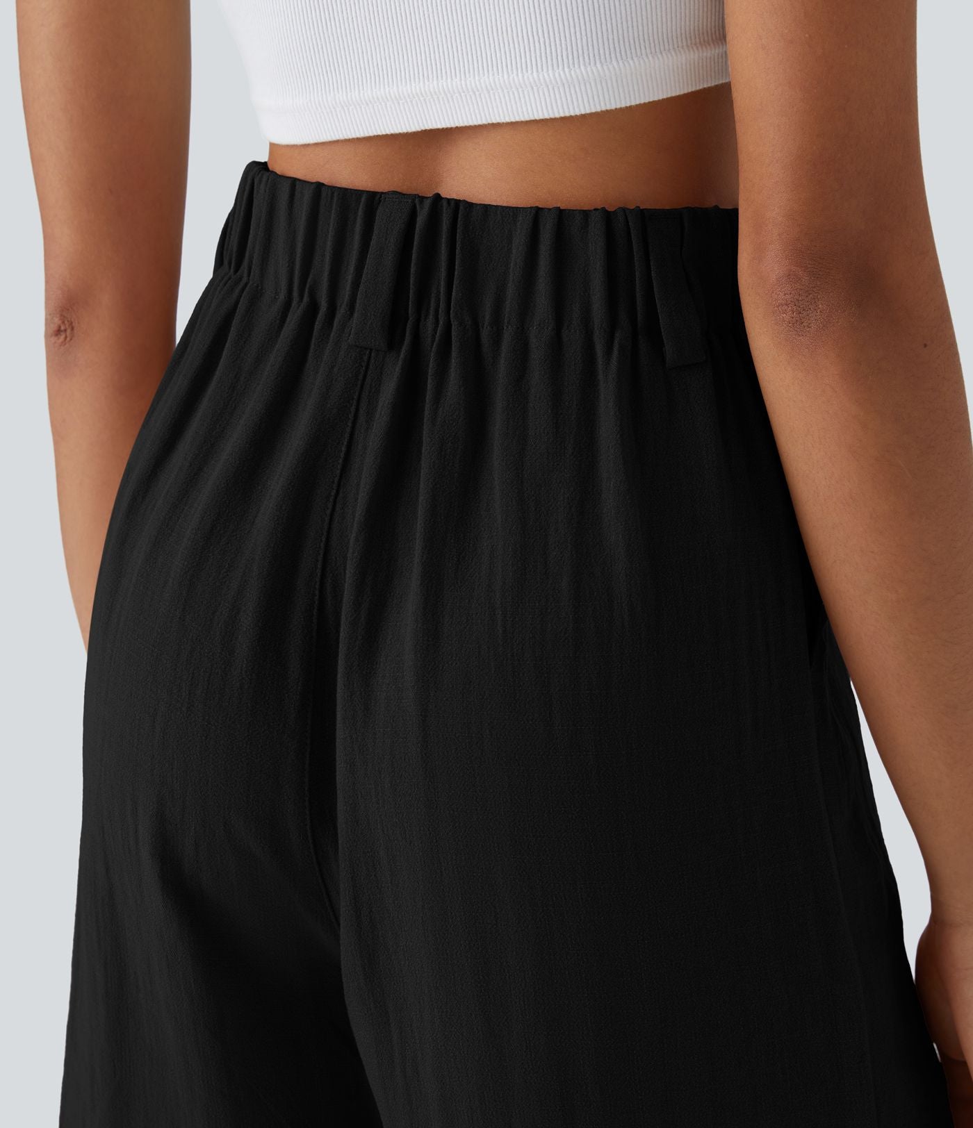 Bermuda Large Fluide Taille Haute avec Plis et Poches Latérales en Lin Synthétique