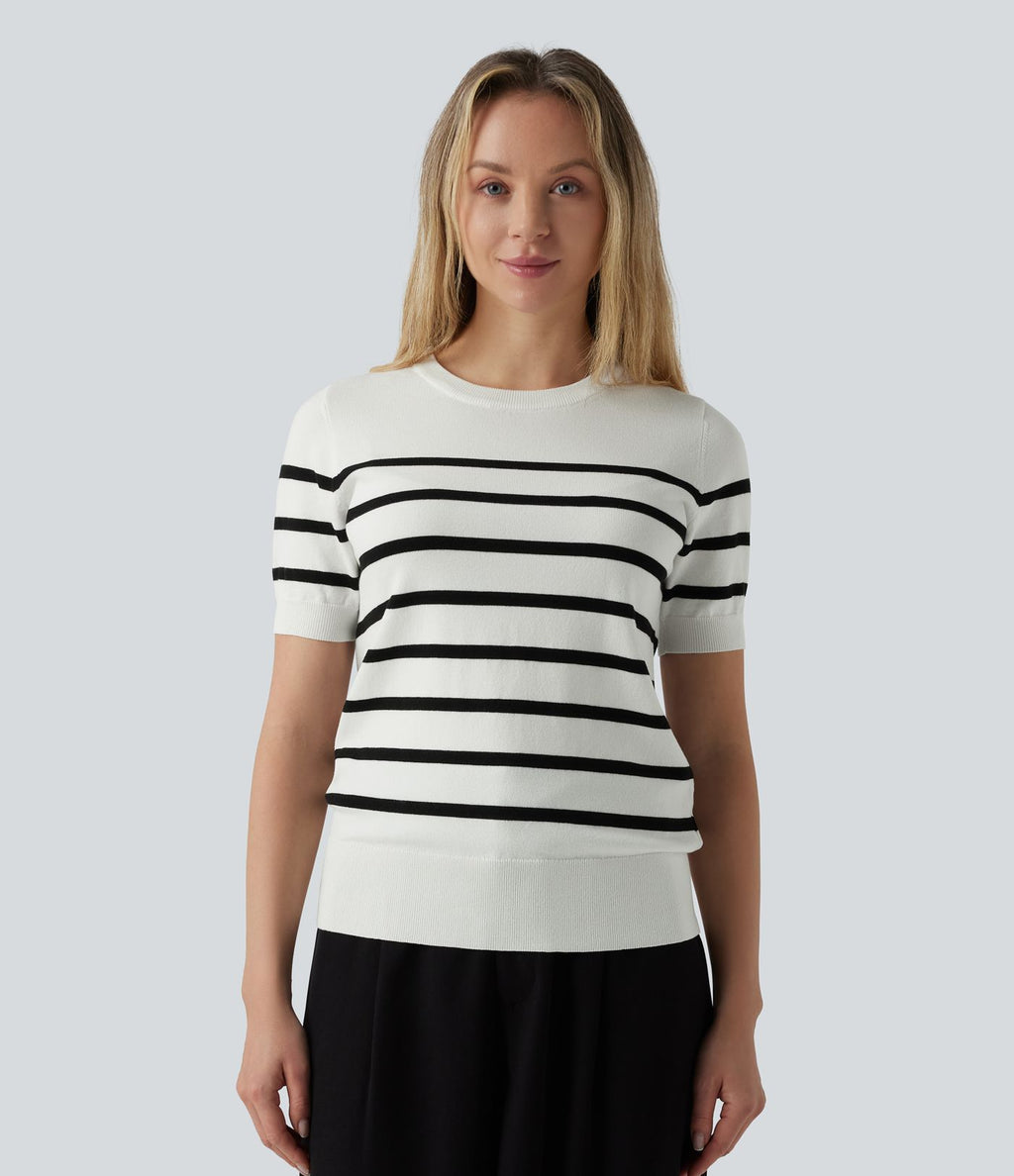 Pull tailleur col rond à manches courtes et rayures