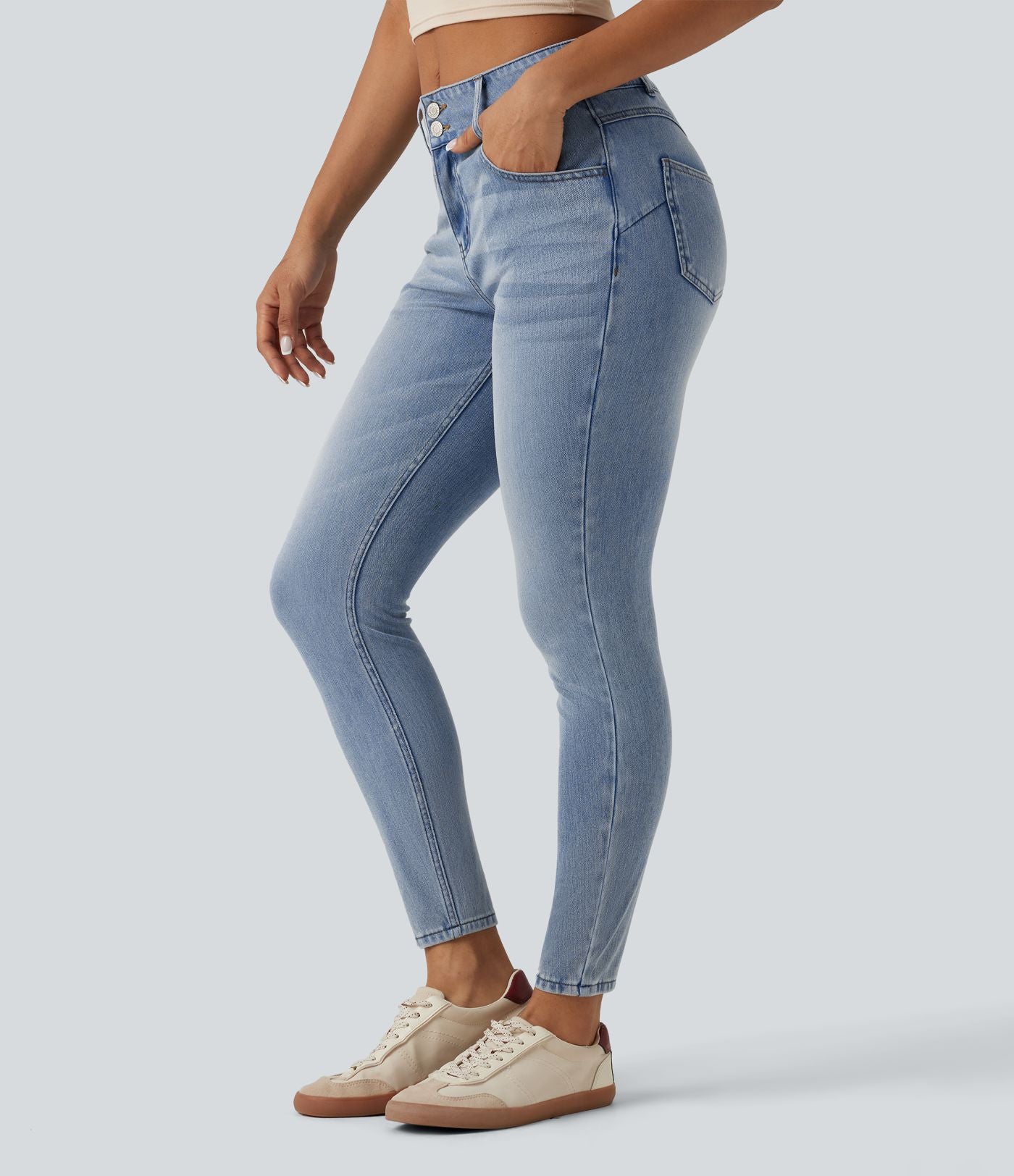 Halara Flex™ Jean skinny 7/8 casual taille mi-haute en lyocell drapé effet délavé, avec poches