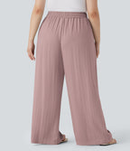 Pantalon décontracté grande taille large fluide taille haute effet lin avec cordon de serrage et poches