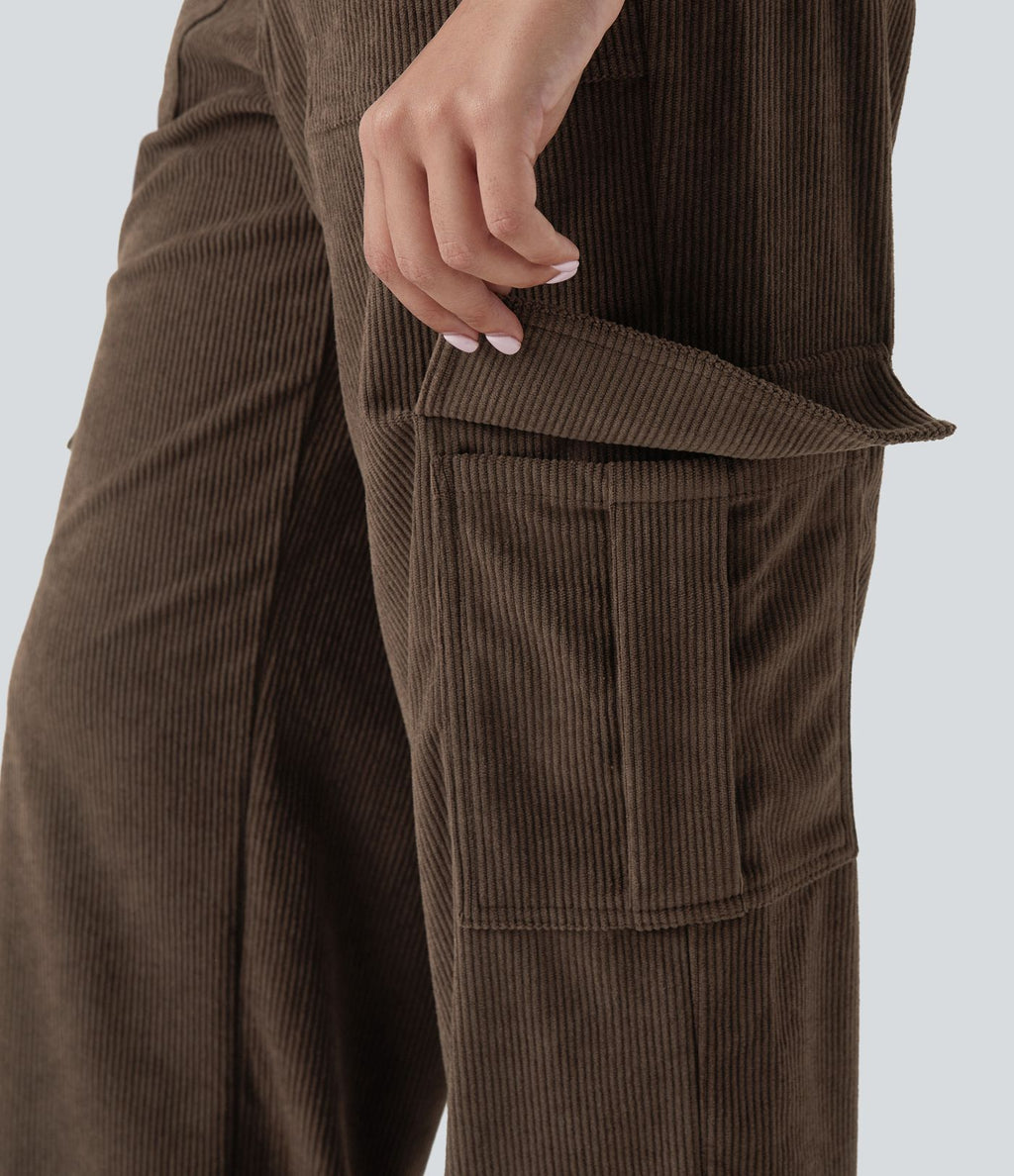 Pantalon cargo décontracté droit en velours côtelé, taille mi-haute, avec poches